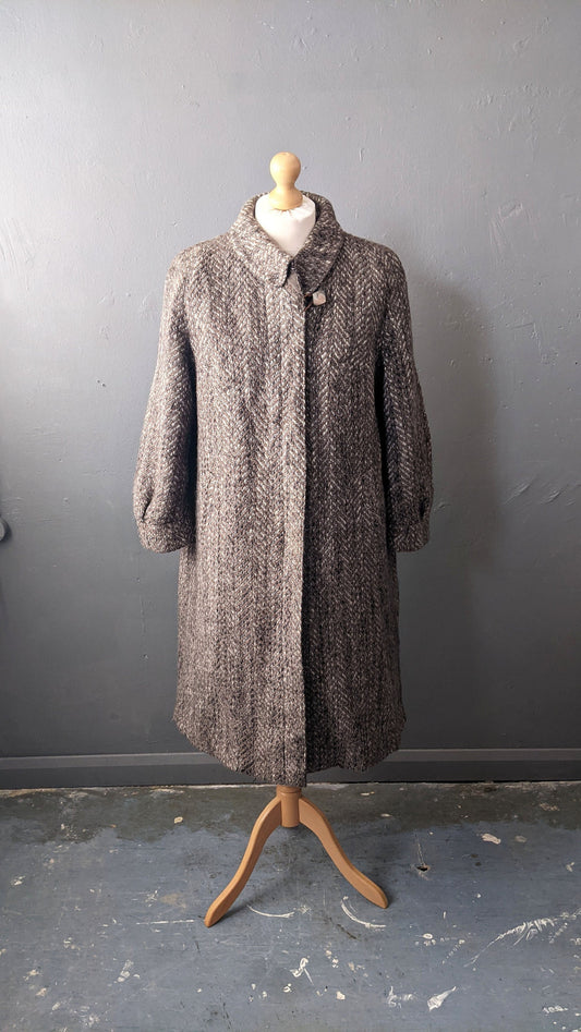 Long Wool Tweed Coat with Suede Trim, 80s Winter Overcoat, Plus Size