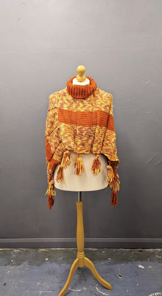 Vintage Wool Turtleneck Poncho with Tassel Fringe, One Size