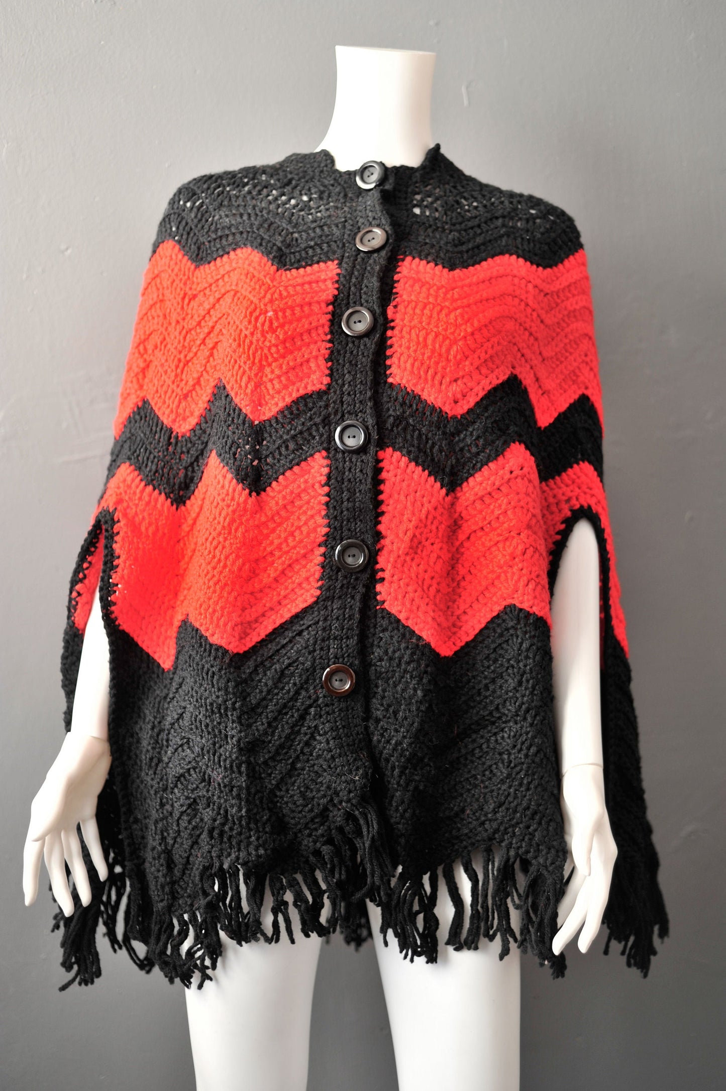 70s Zigzag Knit Poncho with Tassel Fringe, Vintage Handmade Cape, One Size