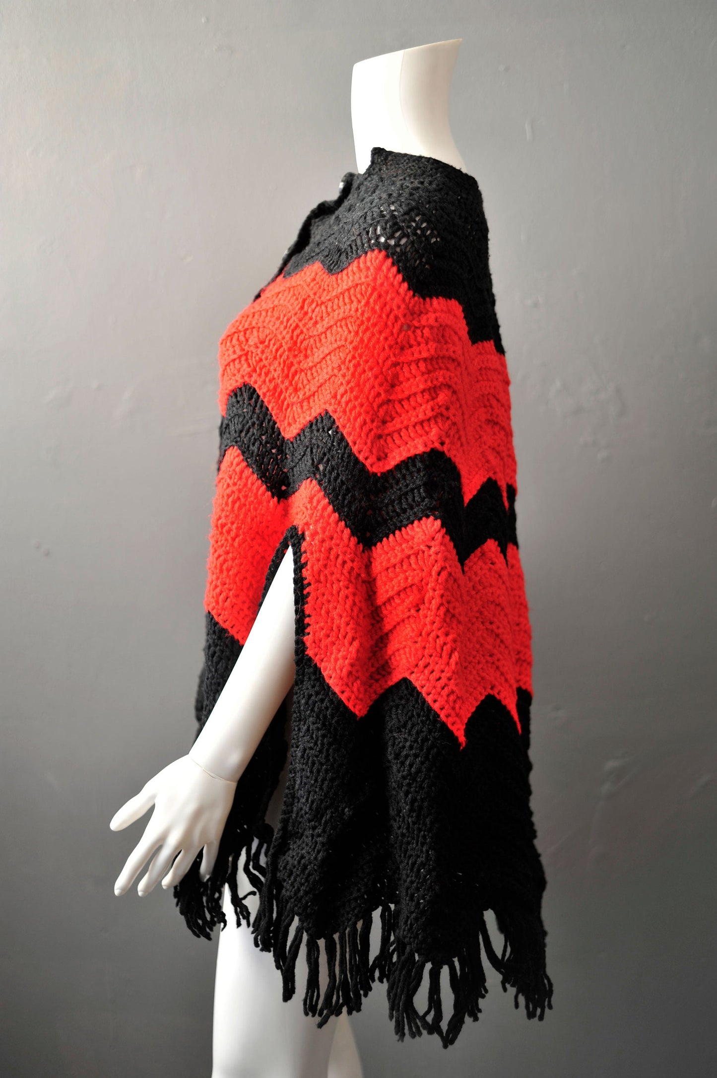 70s Zigzag Knit Poncho with Tassel Fringe, Vintage Handmade Cape, One Size