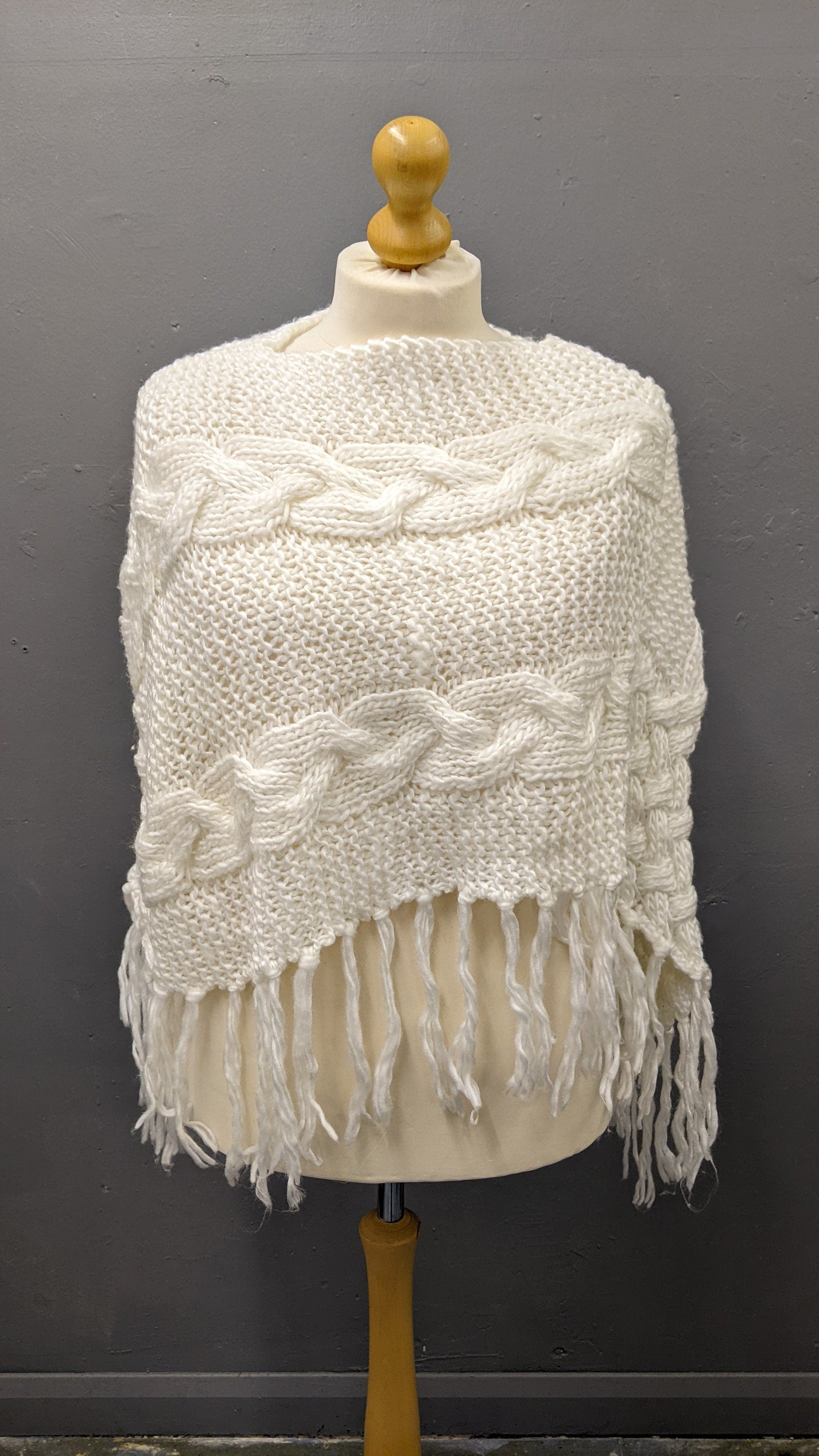 Vintage Cable Knit Poncho with Tassel Fringe, One Size