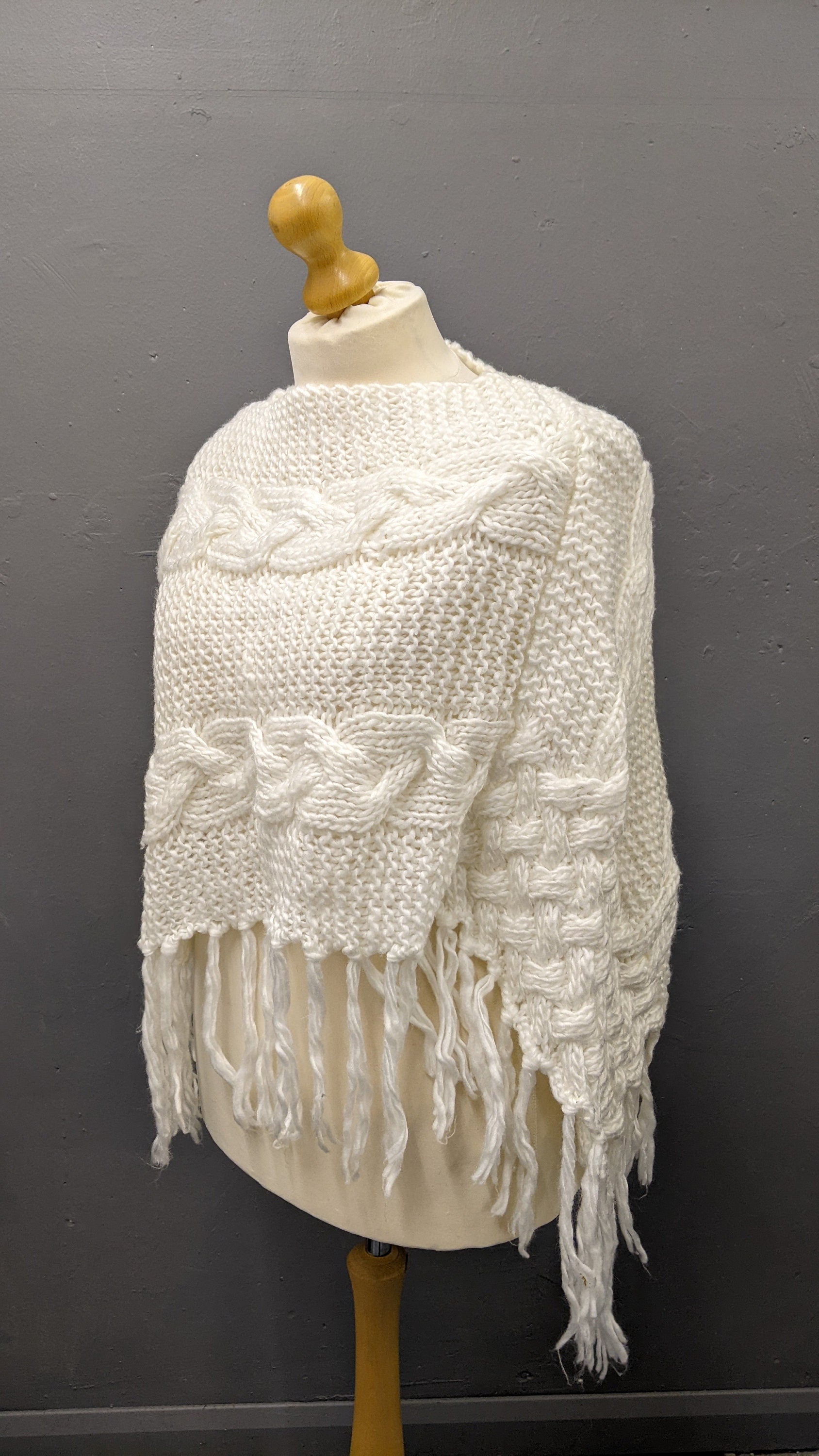 Vintage Cable Knit Poncho with Tassel Fringe, One Size