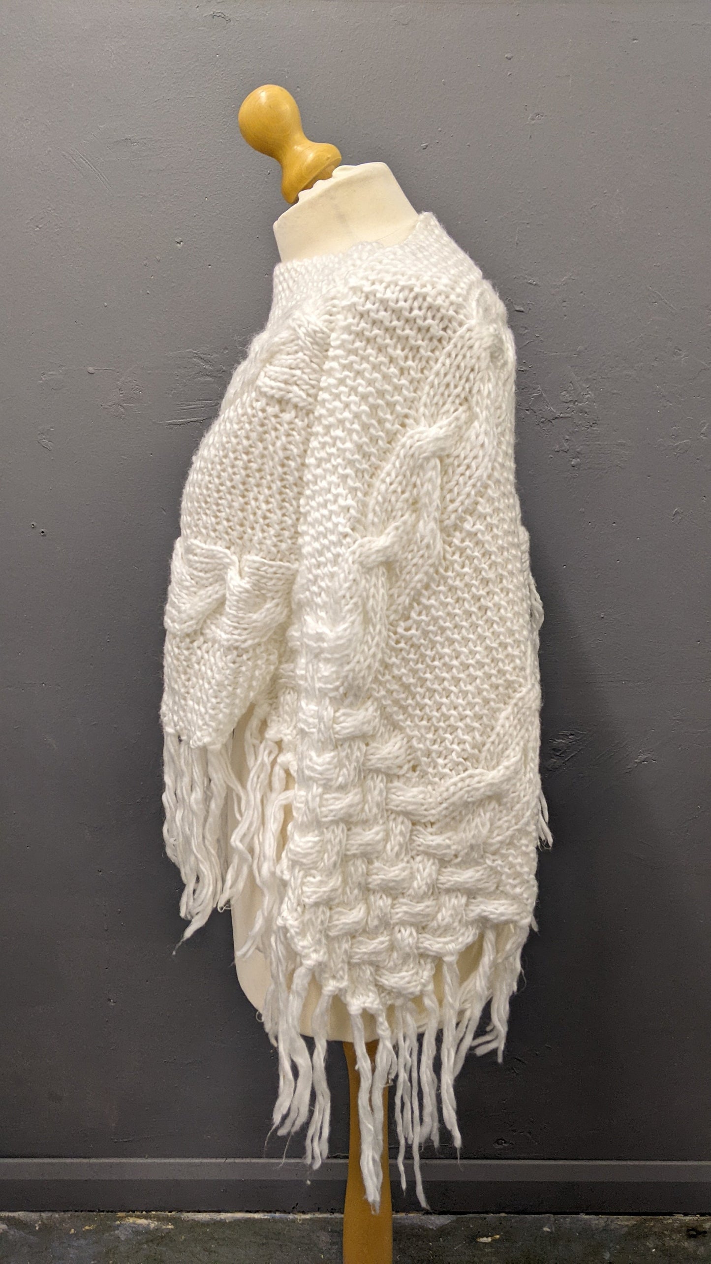 Vintage Cable Knit Poncho with Tassel Fringe, One Size