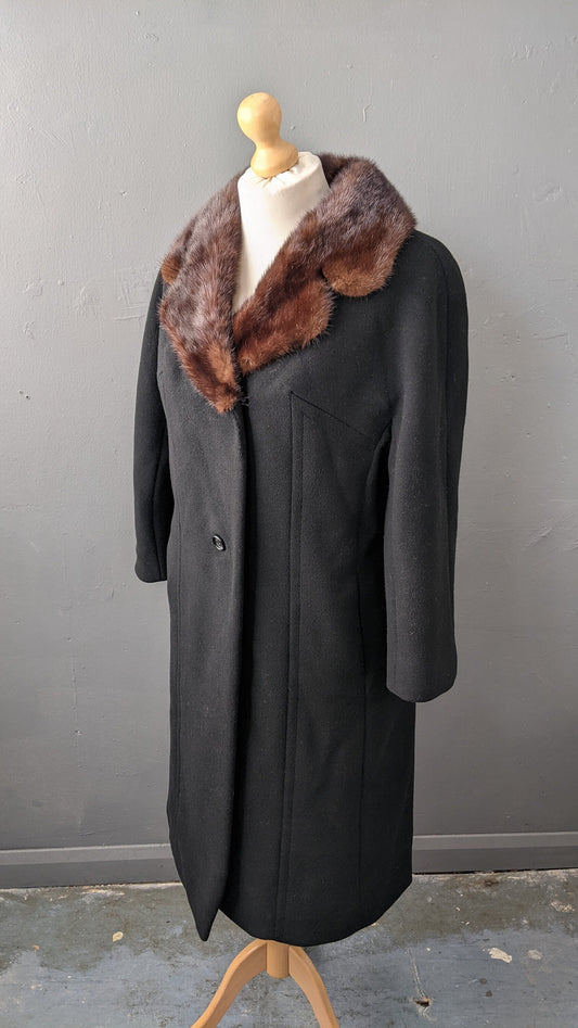 70s Thick Wool Coat with Mink Fur Collar, Tailored Winter Overcoat, Plus Size