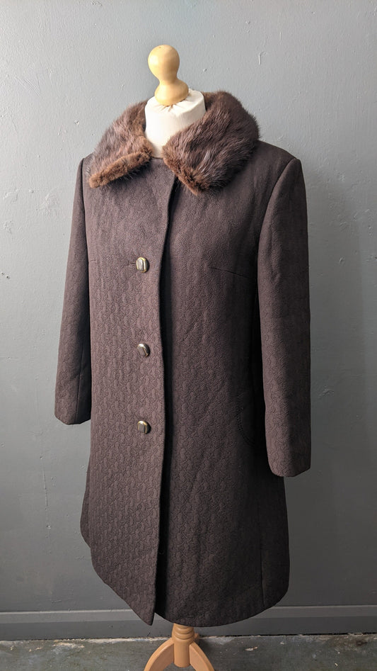 60s Jacquard Coat with Mink Fur Collar, Heavy Winter Overcoat, Plus Size