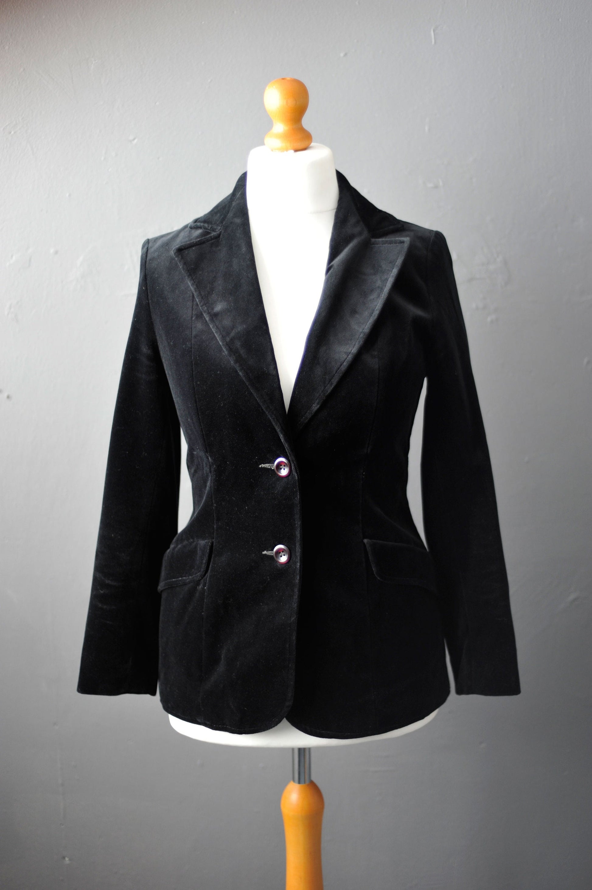 Black Velvet Jacket, Vintage 80s Fitted Boho Blazer, Size Small