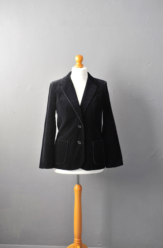 Black Velvet Jacket, Vintage 80s Fitted Boho Blazer, Size Small