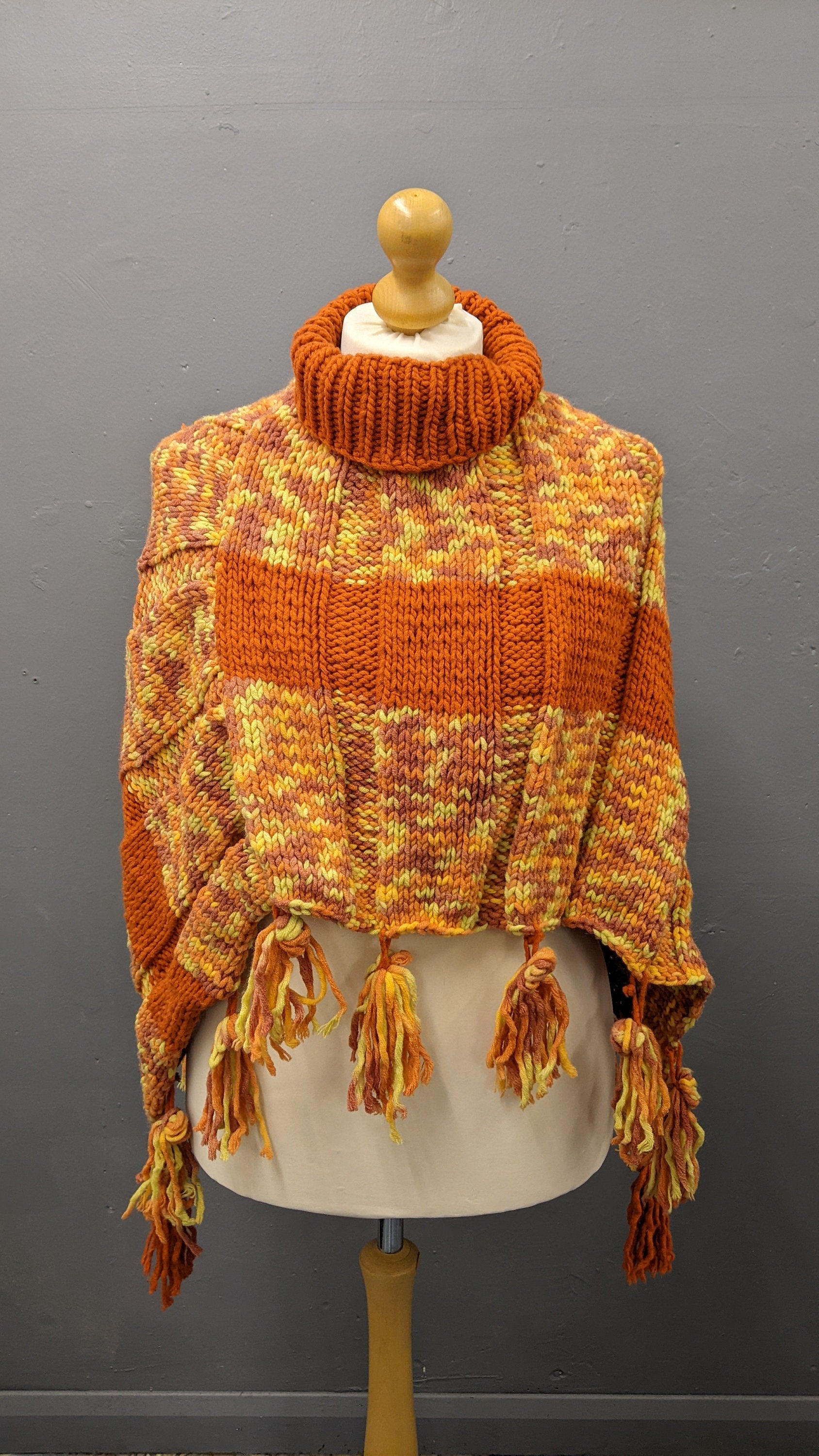 Vintage Wool Turtleneck Poncho with Tassel Fringe, One Size