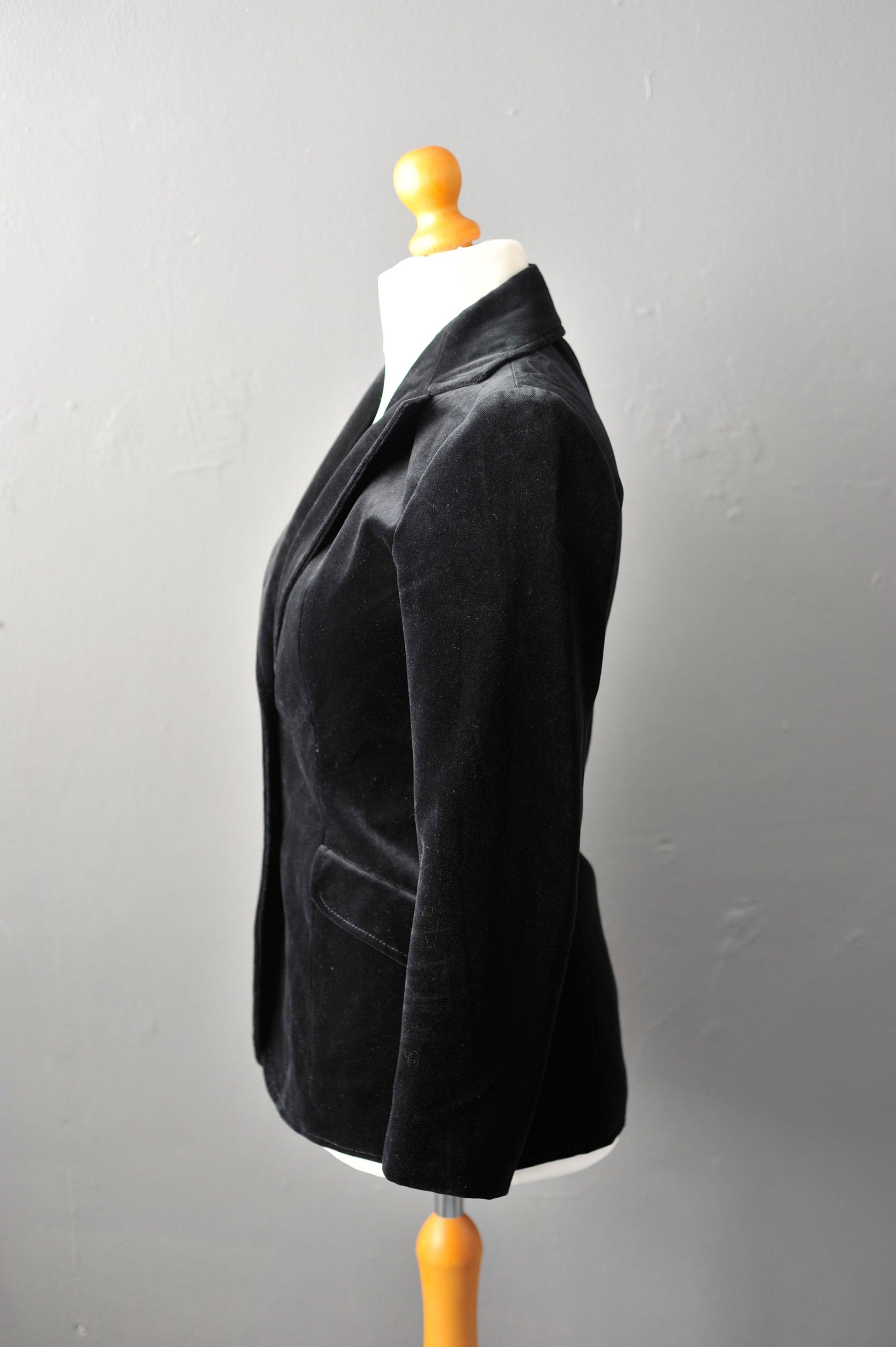 Black Velvet Jacket, Vintage 80s Fitted Boho Blazer, Size Small