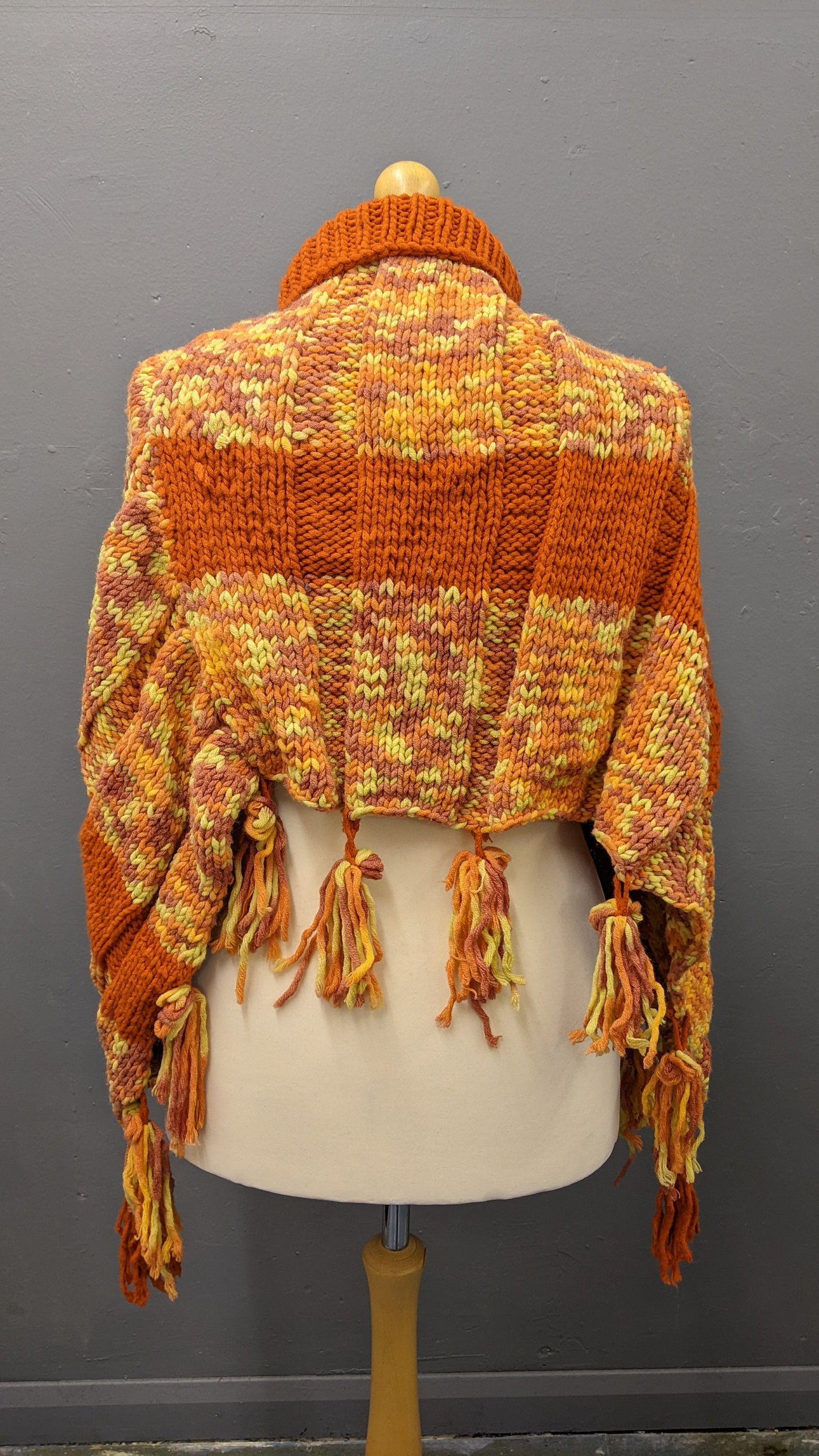 Vintage Wool Turtleneck Poncho with Tassel Fringe, One Size