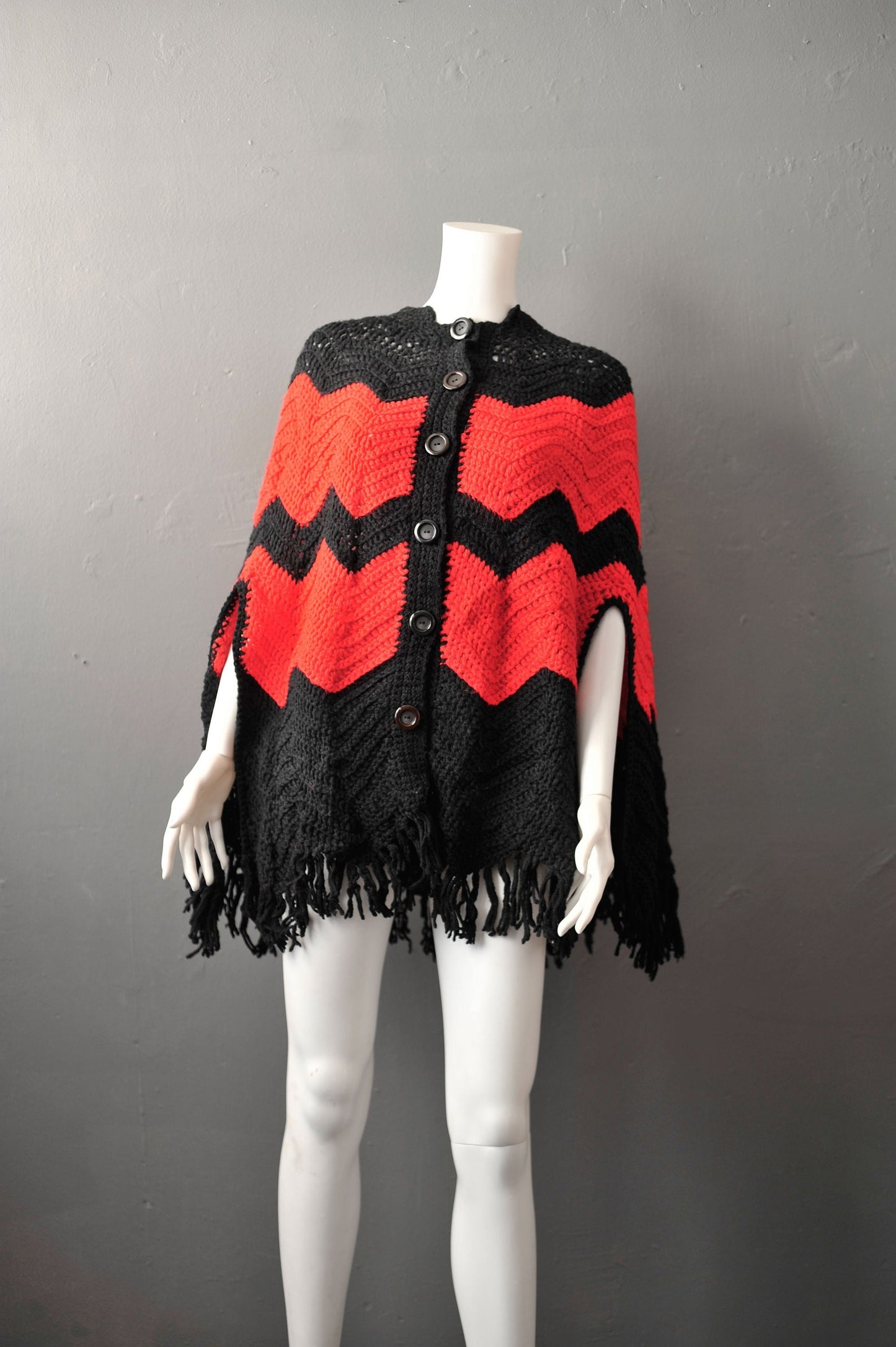 70s Zigzag Knit Poncho with Tassel Fringe, Vintage Handmade Cape, One Size