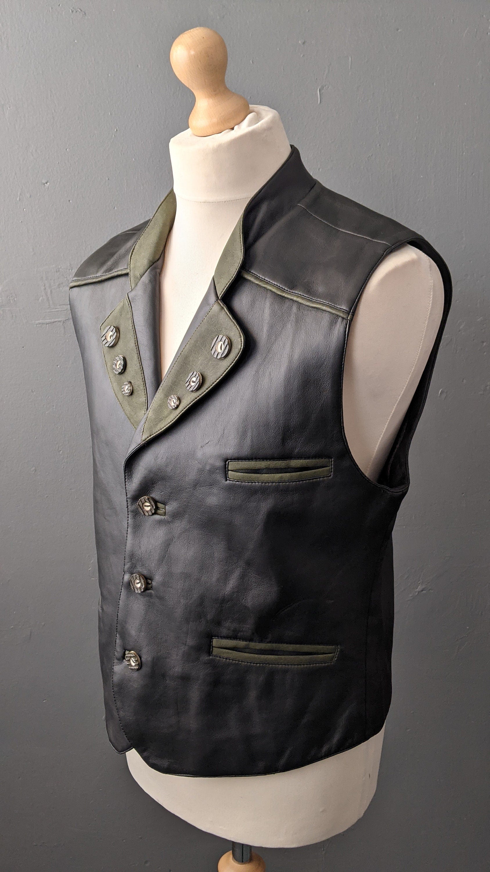 Mens Trachten Leatherette Vest, Vintage Oktoberfest Waistcoat, 42 Chest Size Medium