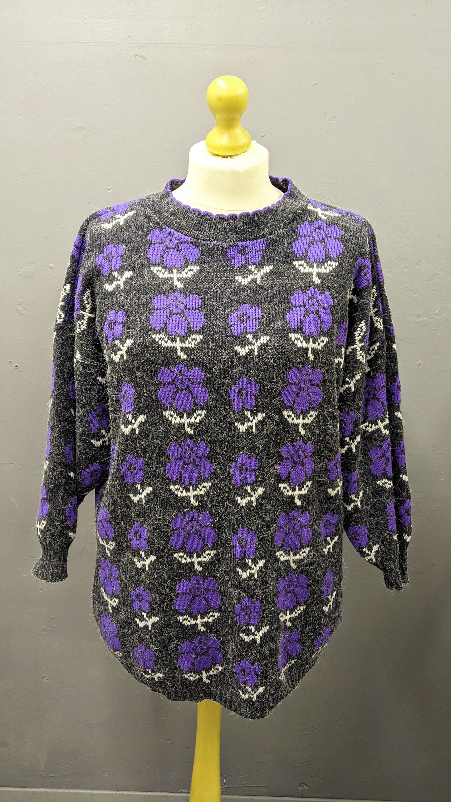 80s Purple Flower Long Sweater by Seven Valleys, Kitsch Jumper, Plus Size XL