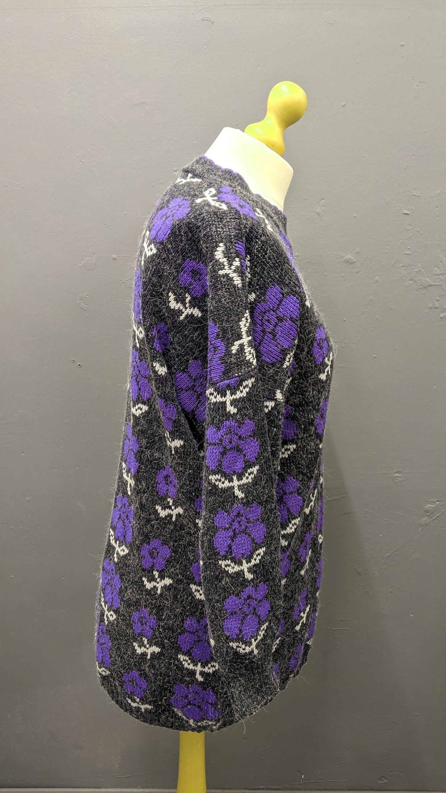 80s Purple Flower Long Sweater by Seven Valleys, Kitsch Jumper, Plus Size XL