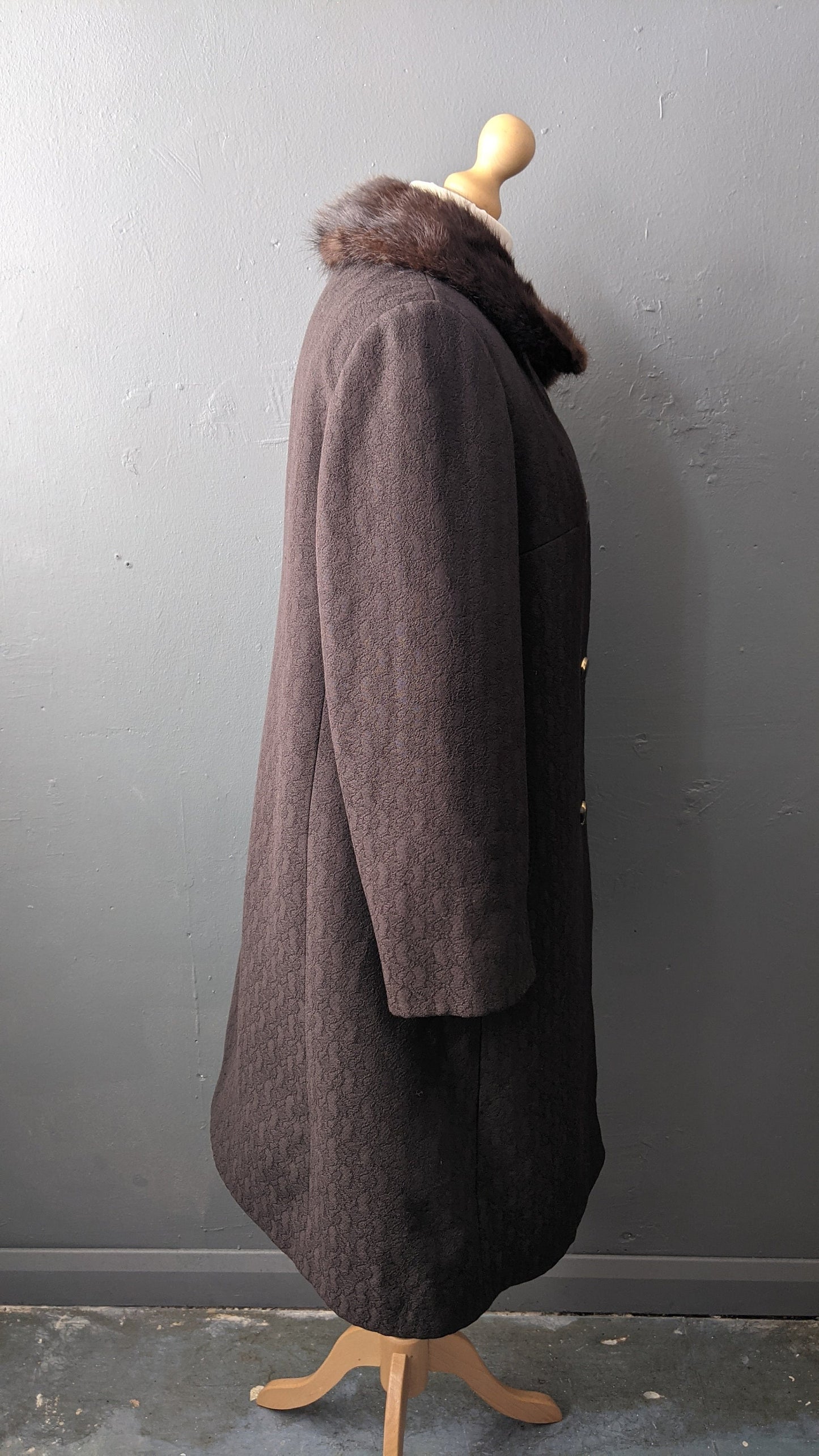 60s Jacquard Coat with Mink Fur Collar, Heavy Winter Overcoat, Plus Size