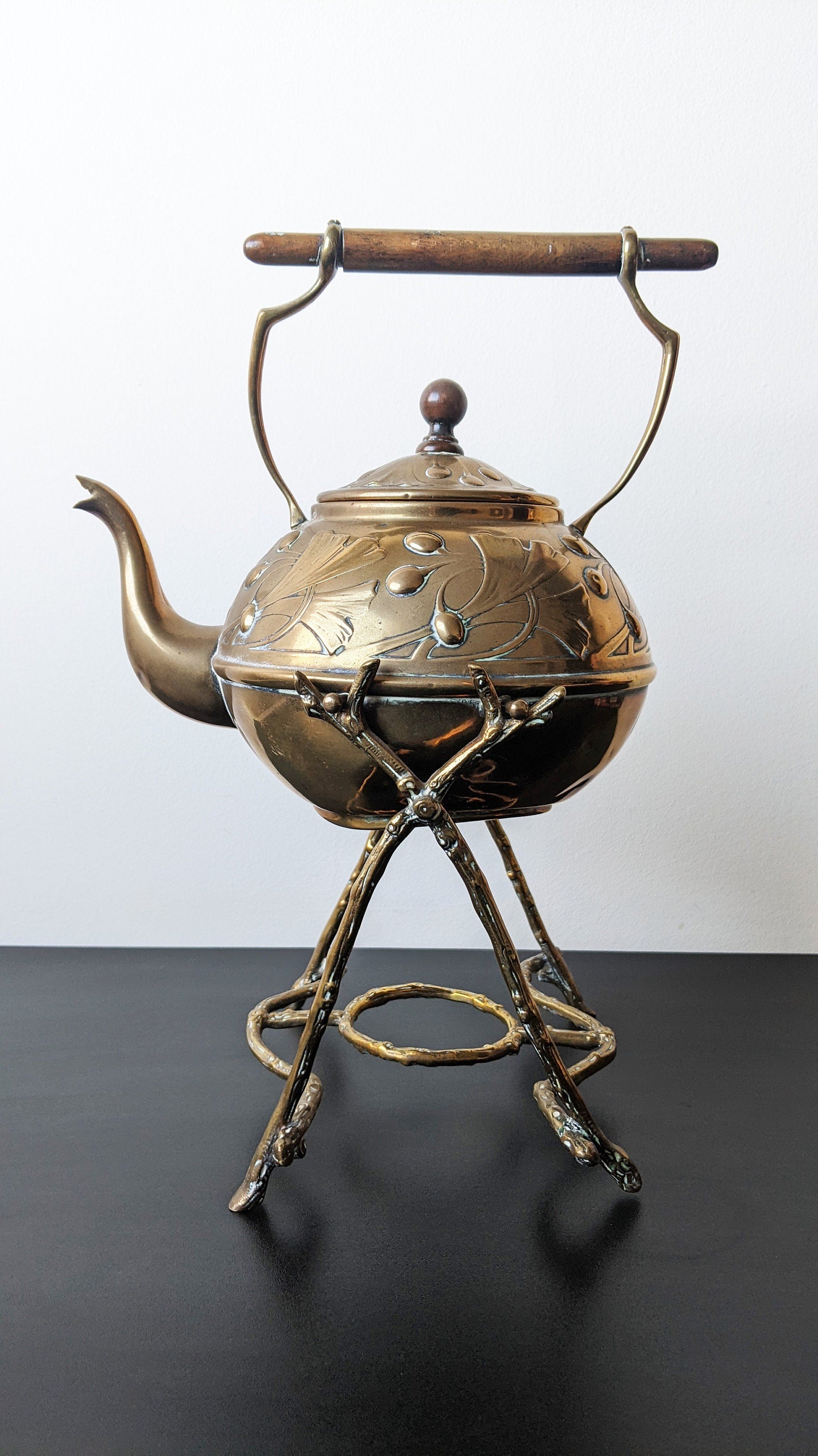 Copper & Brass Teapot With Embossed Design & Chain