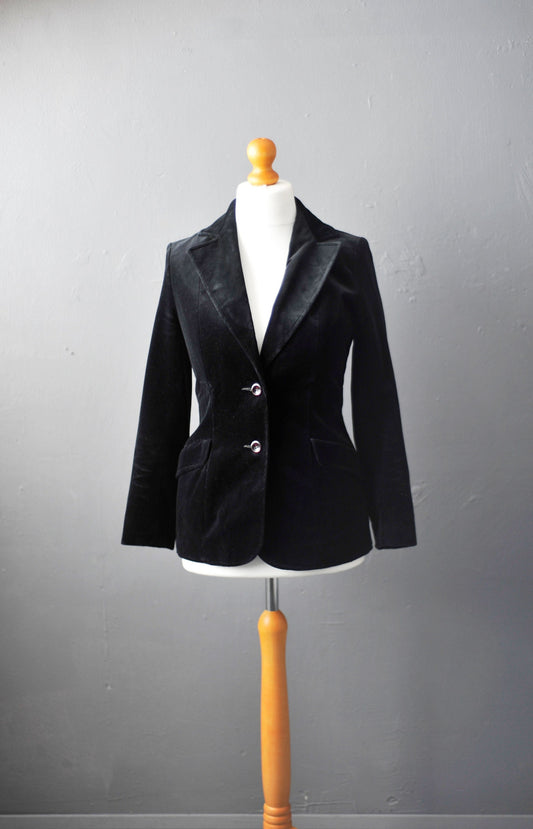 Black Velvet Jacket, Vintage 80s Fitted Boho Blazer, Size Small