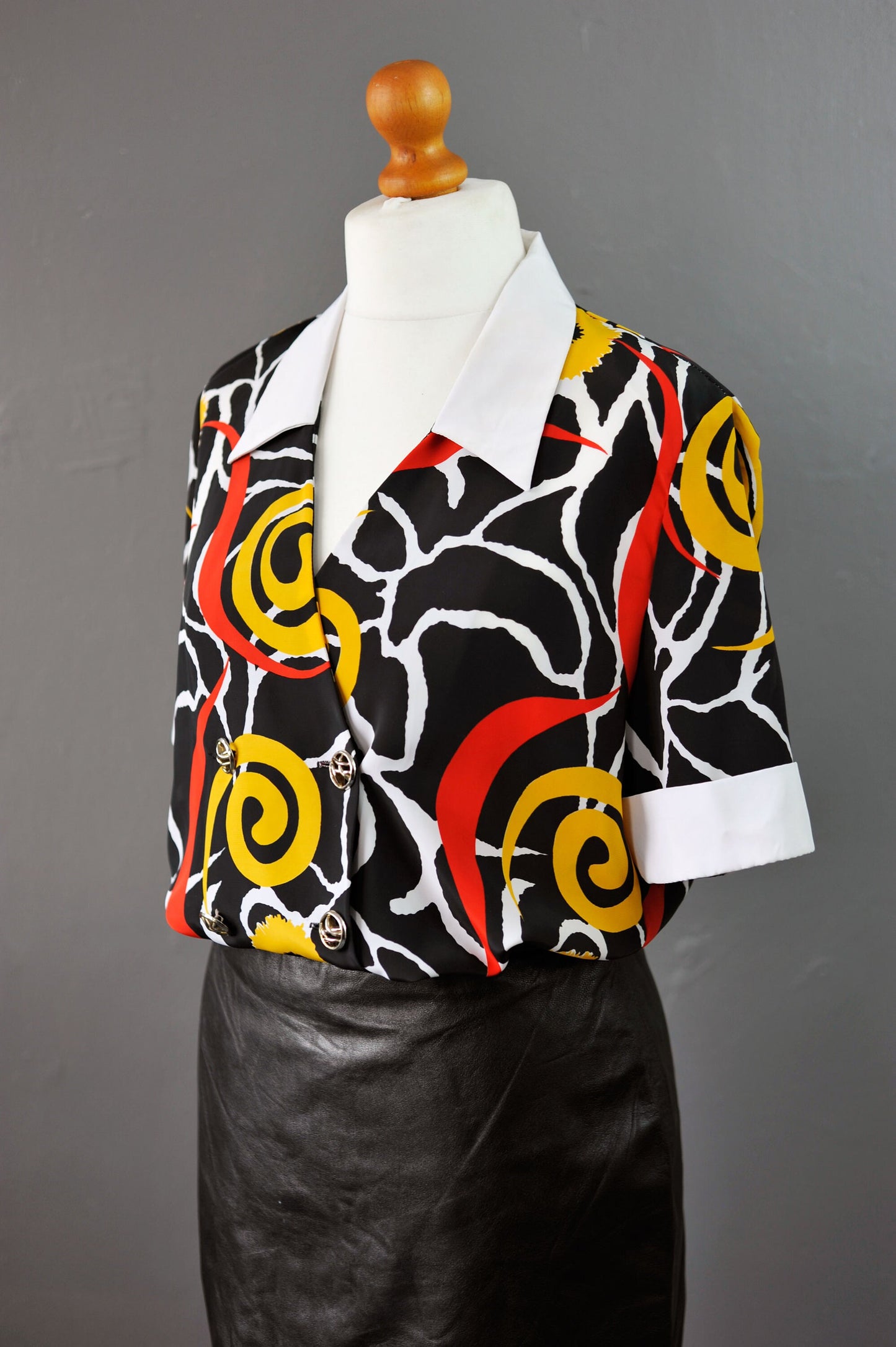 80s Loud Swirl Chiffon Blouse by Louis Daniel, Abstract Doodles Shirt, Size Medium Large