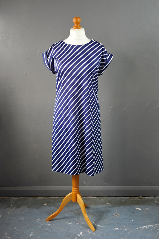 80s Navy Blue Tunic Dress with White Diagonal Stripes, Nautical New Wave, Size Medium