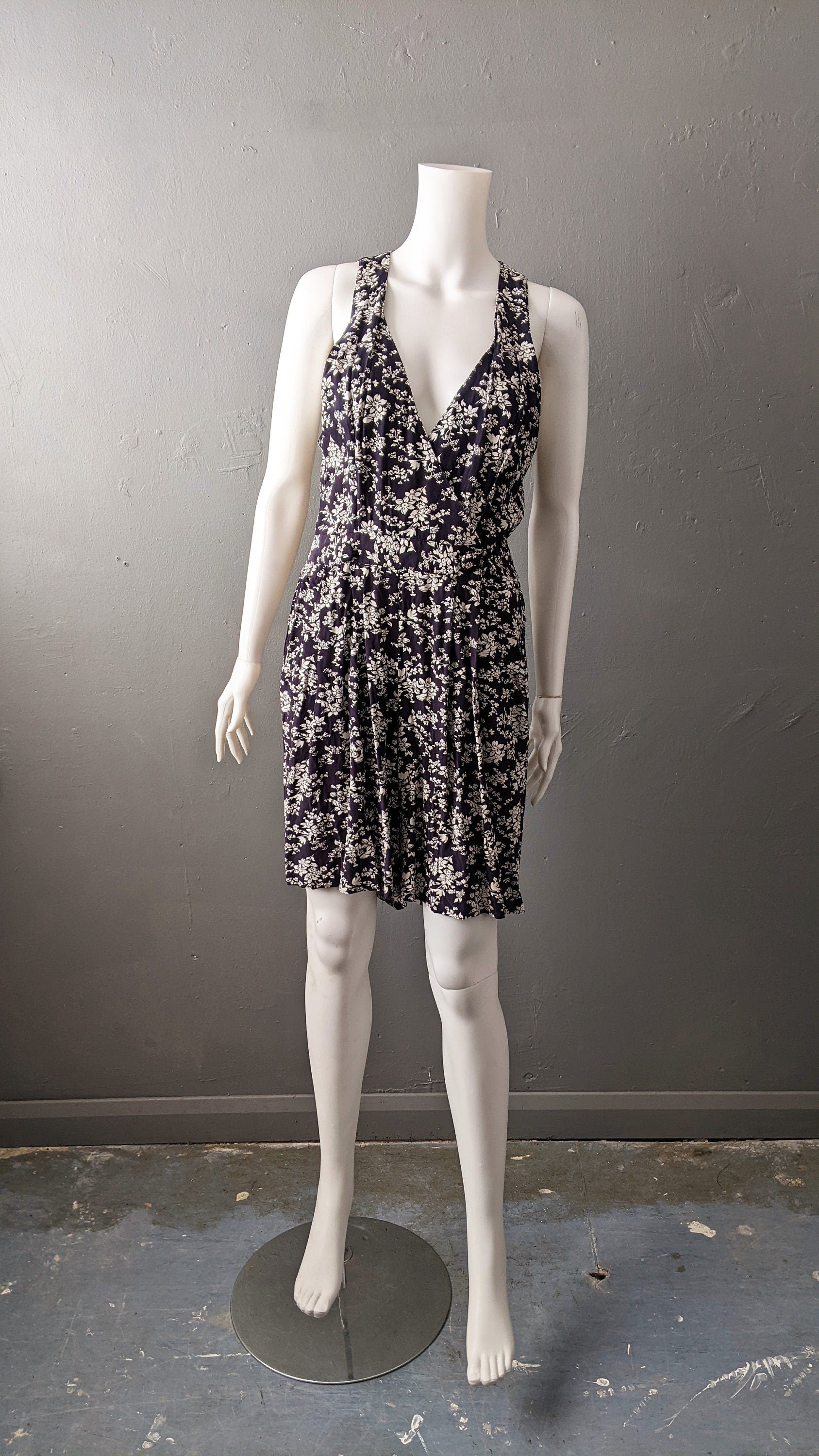 90s Dark Floral Summer Playsuit, Wrap Front Romper, Size Medium