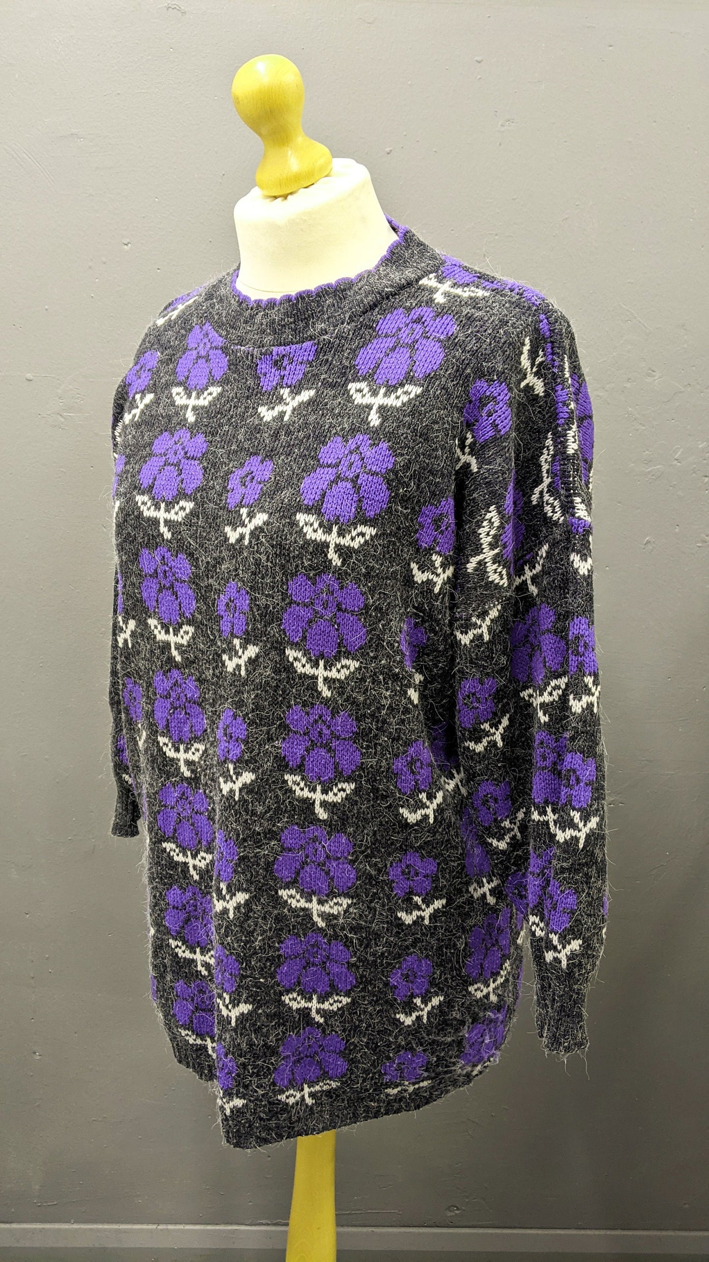 80s Purple Flower Long Sweater by Seven Valleys, Kitsch Jumper, Plus Size XL
