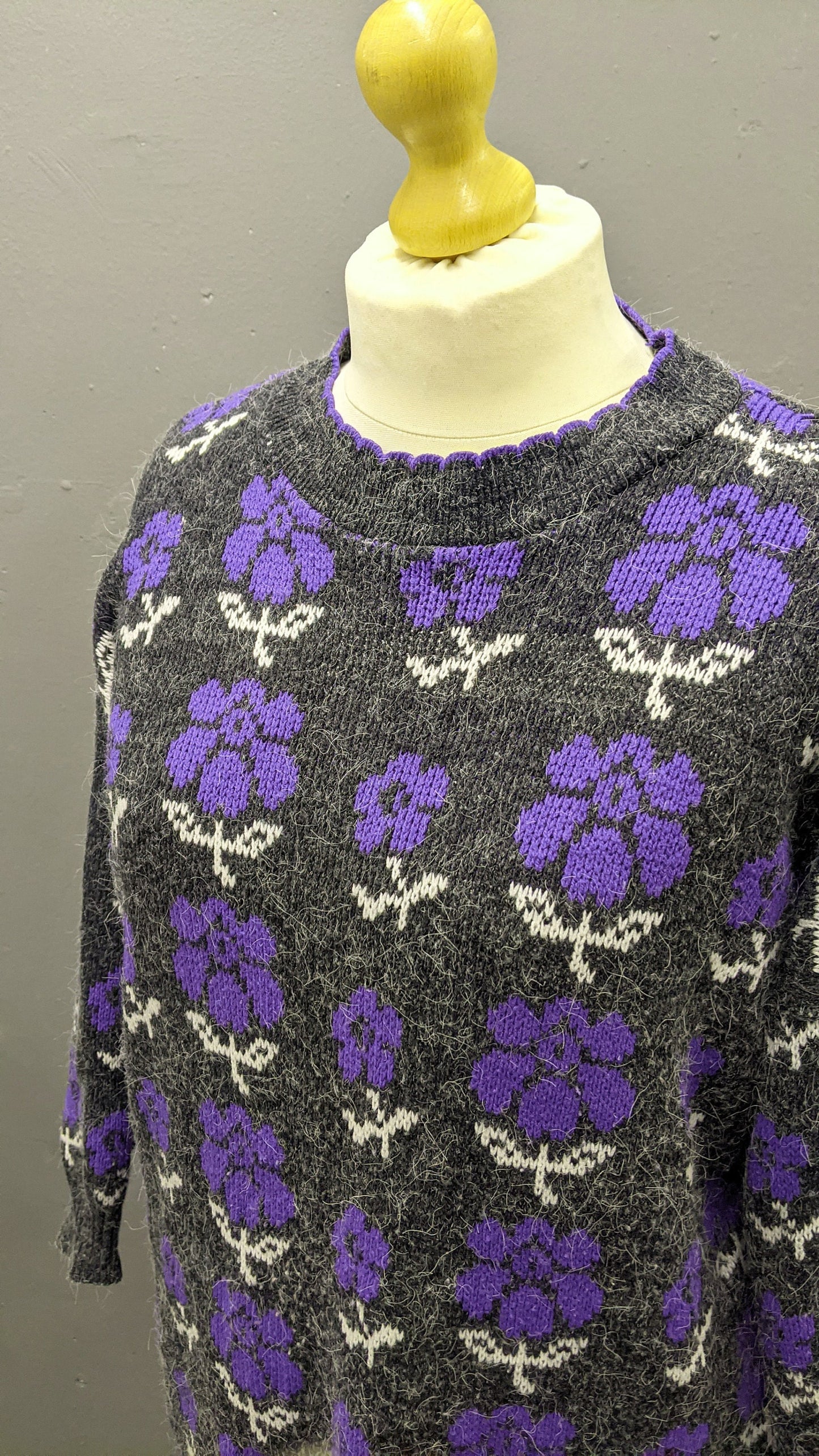 80s Purple Flower Long Sweater by Seven Valleys, Kitsch Jumper, Plus Size XL