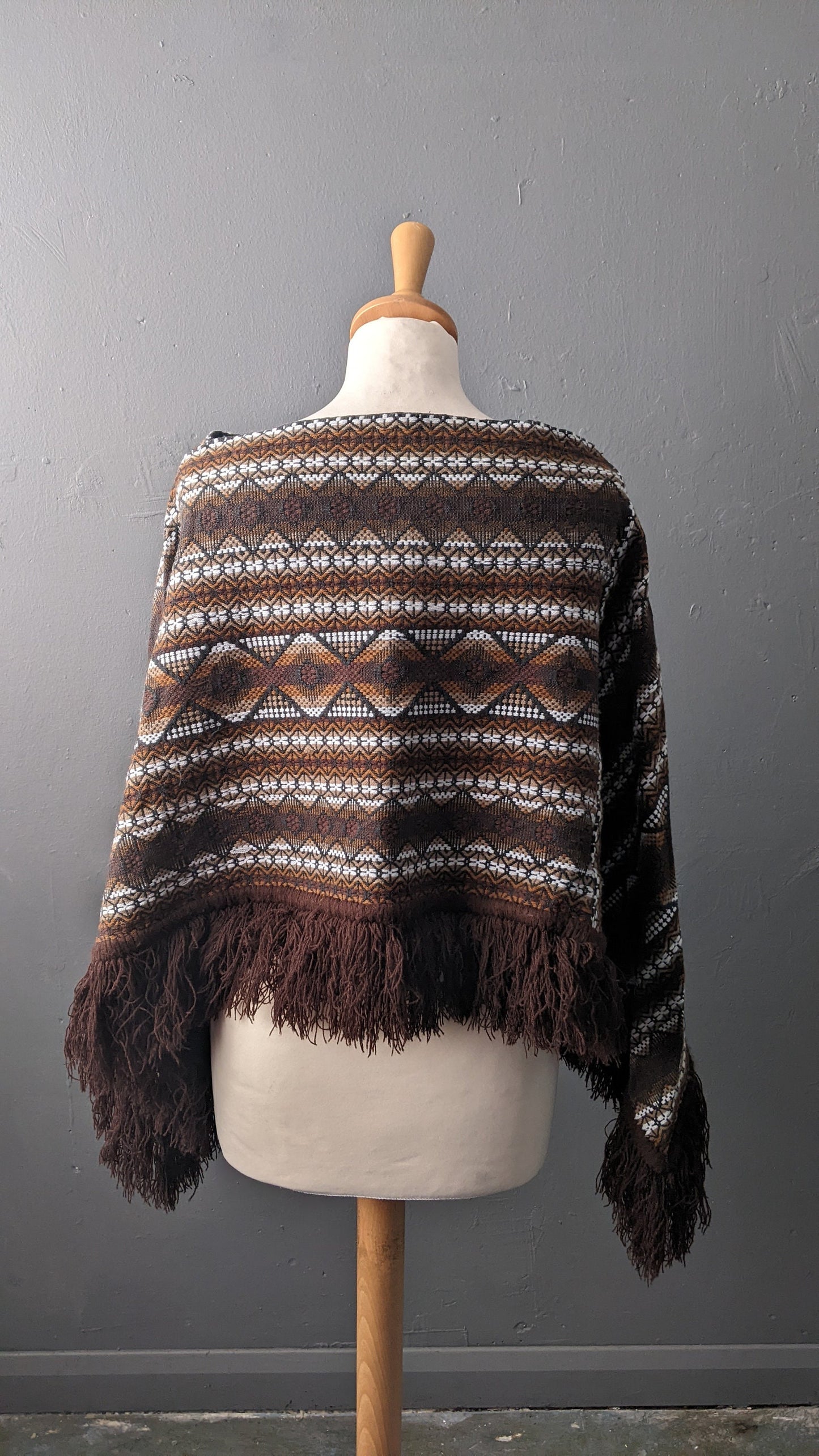 Vintage Guatemalan Poncho with Fringe, 70s Ethnic Boho, One Size