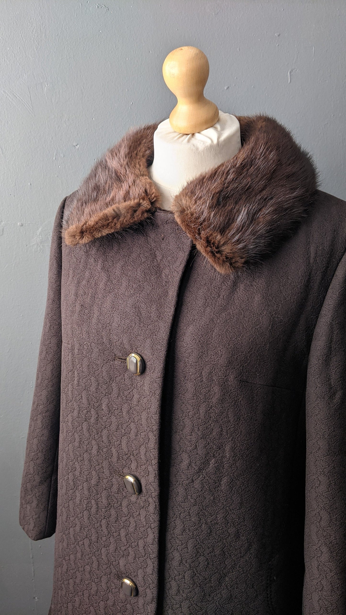 60s Jacquard Coat with Mink Fur Collar, Heavy Winter Overcoat, Plus Size