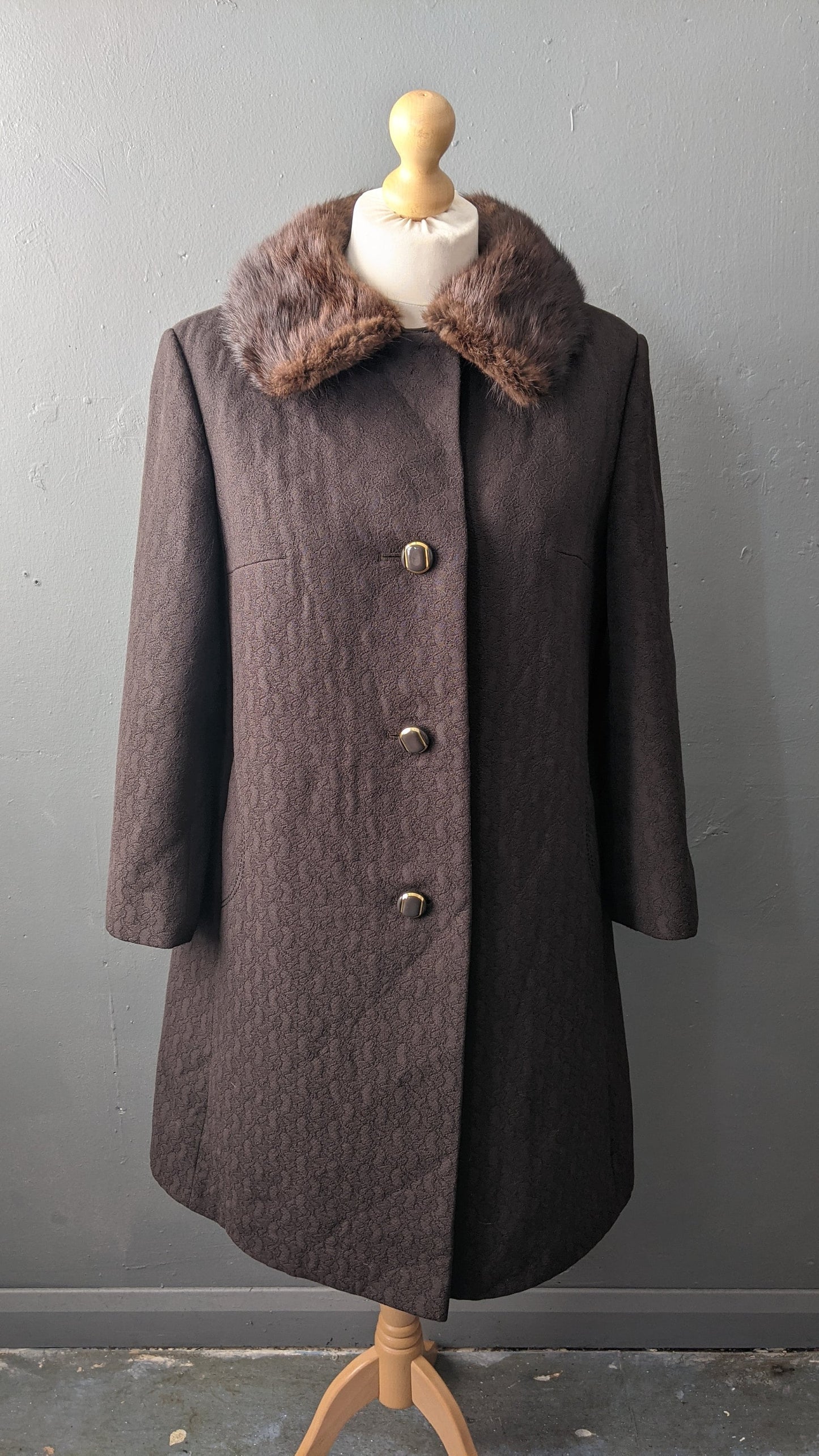 60s Jacquard Coat with Mink Fur Collar, Heavy Winter Overcoat, Plus Size