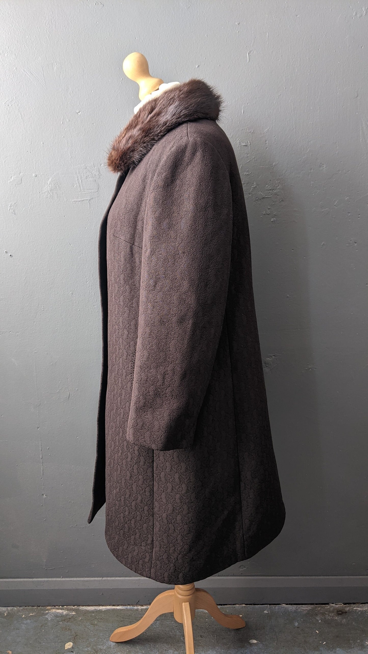 60s Jacquard Coat with Mink Fur Collar, Heavy Winter Overcoat, Plus Size