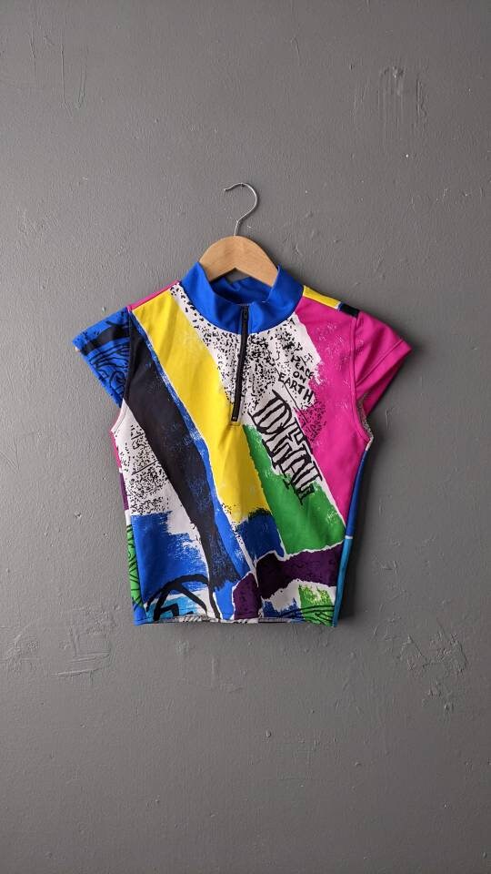 Colour Block Cycling Shirt, Bold Gym Clothes, Upcycled Activewear, Size Small