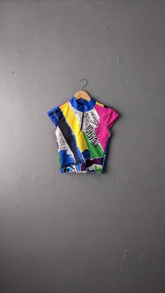 Colour Block Cycling Shirt, Bold Gym Clothes, Upcycled Activewear, Size Small