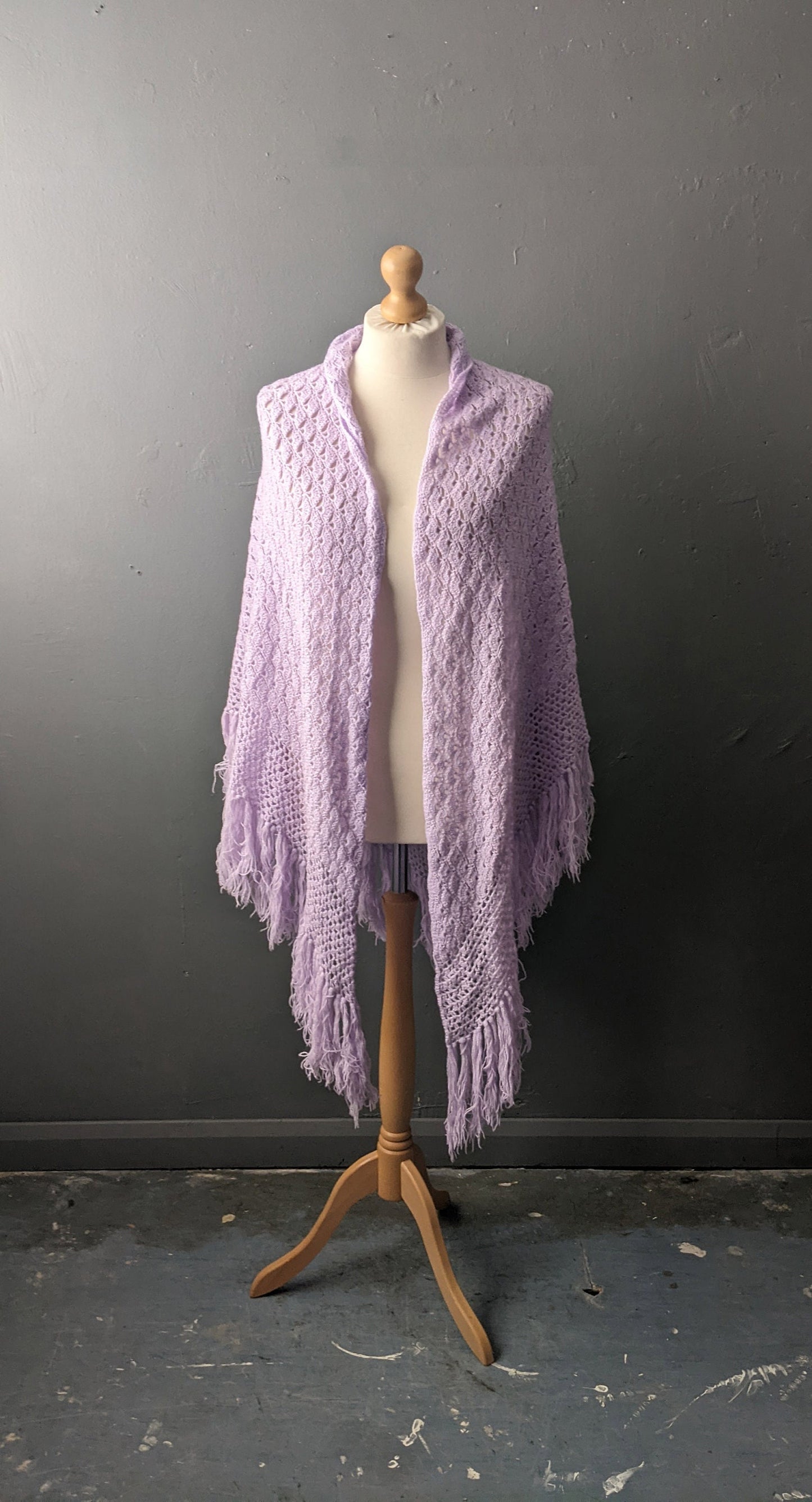 70s Lilac Crochet Shawl, Large Pastel Colour Triangle Wrap