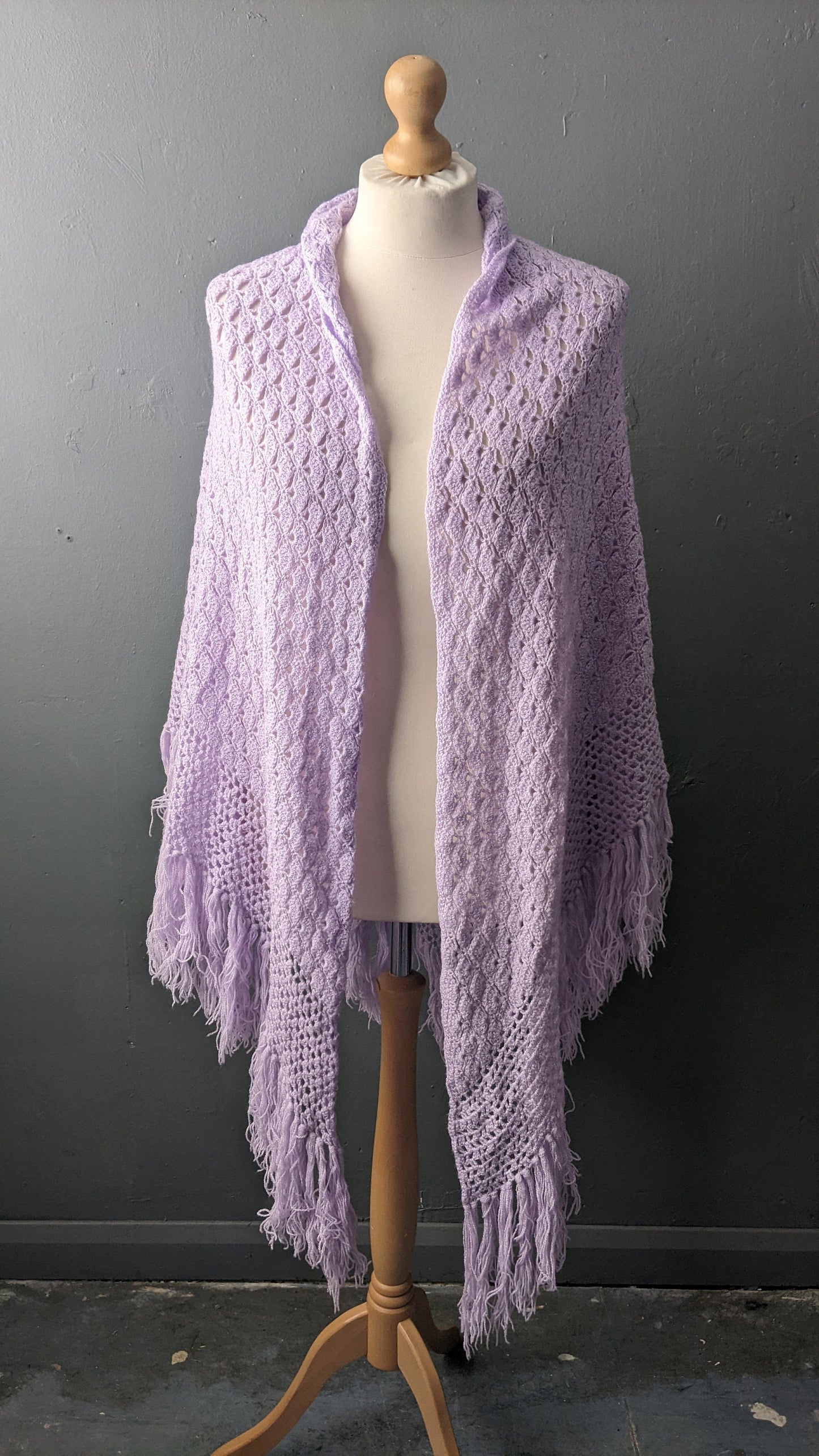 70s Lilac Crochet Shawl, Large Pastel Colour Triangle Wrap