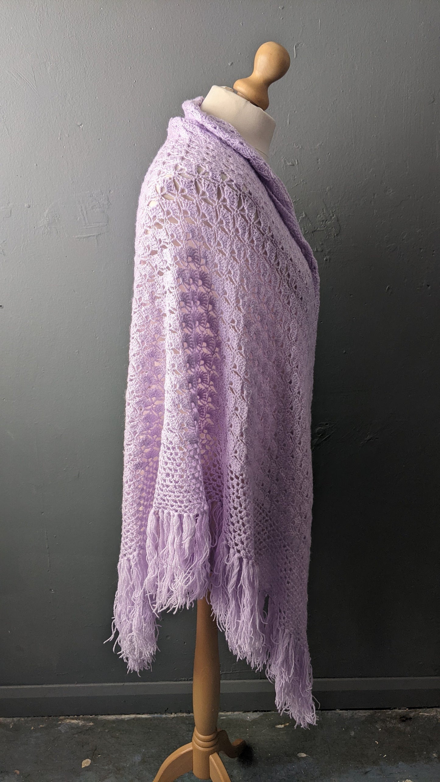 70s Lilac Crochet Shawl, Large Pastel Colour Triangle Wrap