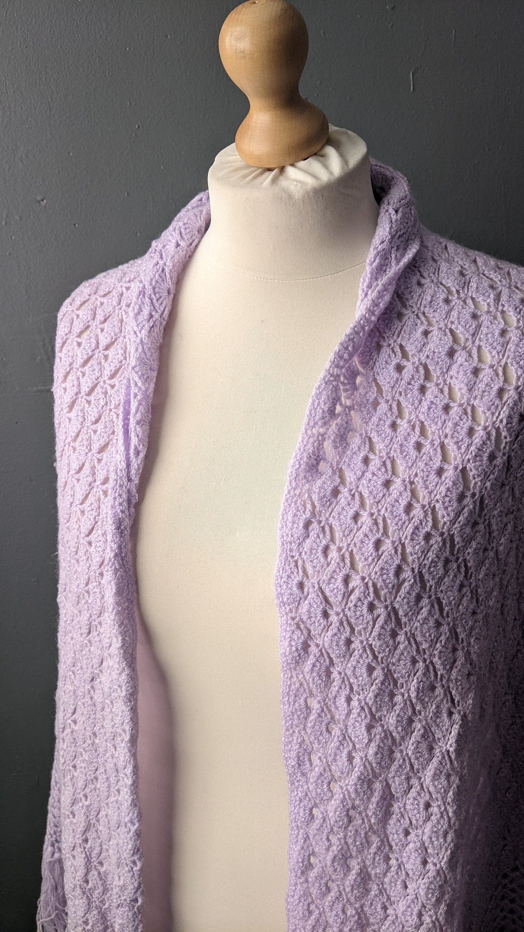 70s Lilac Crochet Shawl, Large Pastel Colour Triangle Wrap