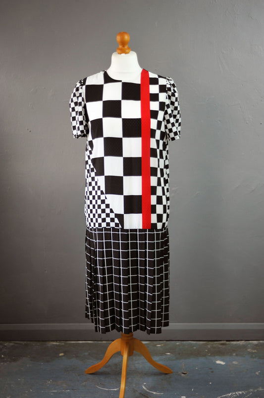 80s Grand Prix Checkered Dress with Pleated Drop Waist, Racing Checks, Size Medium