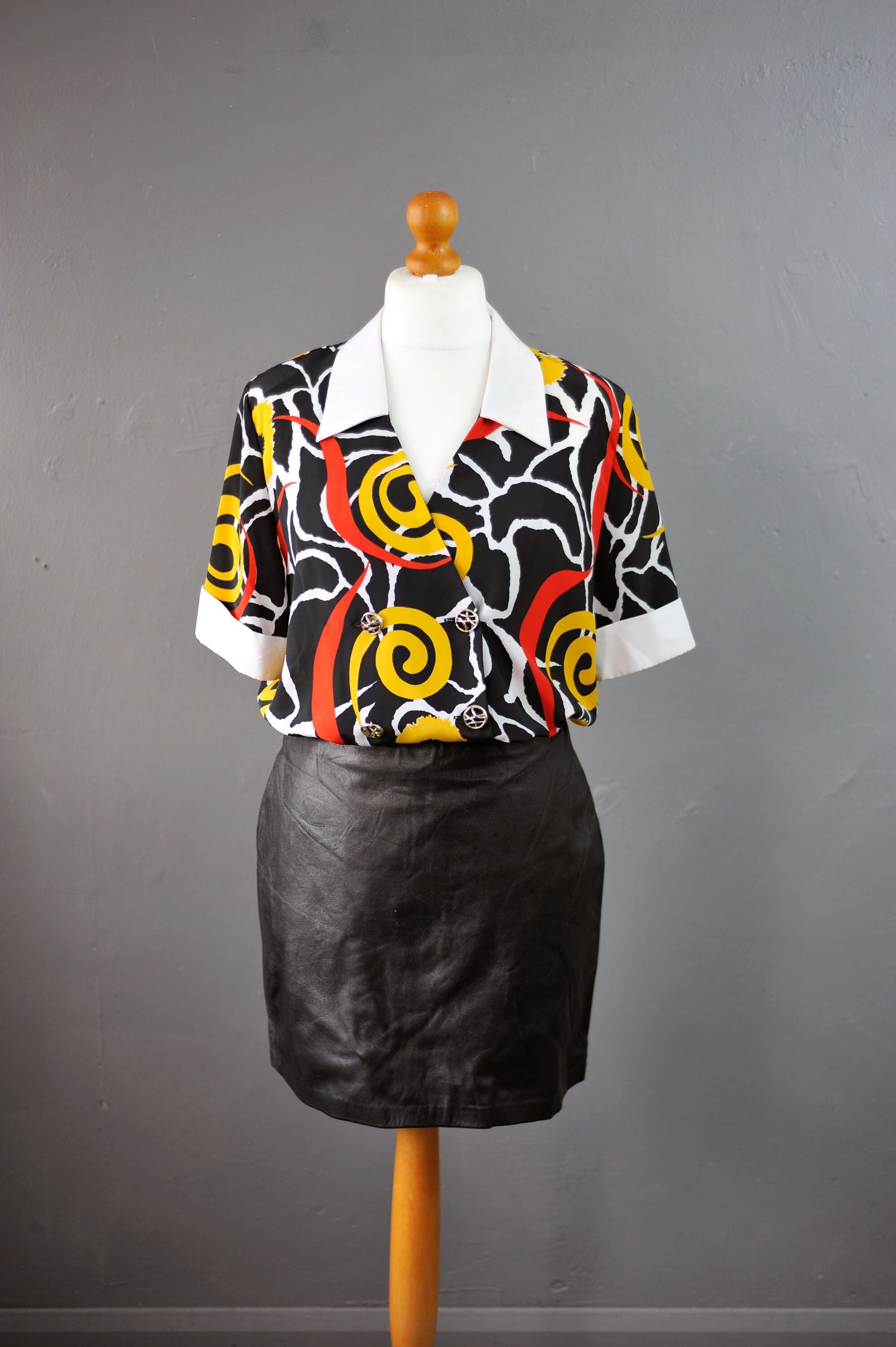80s Loud Swirl Chiffon Blouse by Louis Daniel, Abstract Doodles Shirt, Size Medium Large