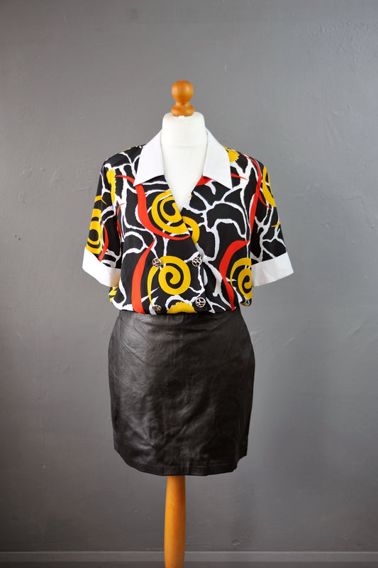 80s Loud Swirl Chiffon Blouse by Louis Daniel, Abstract Doodles Shirt, Size Medium Large