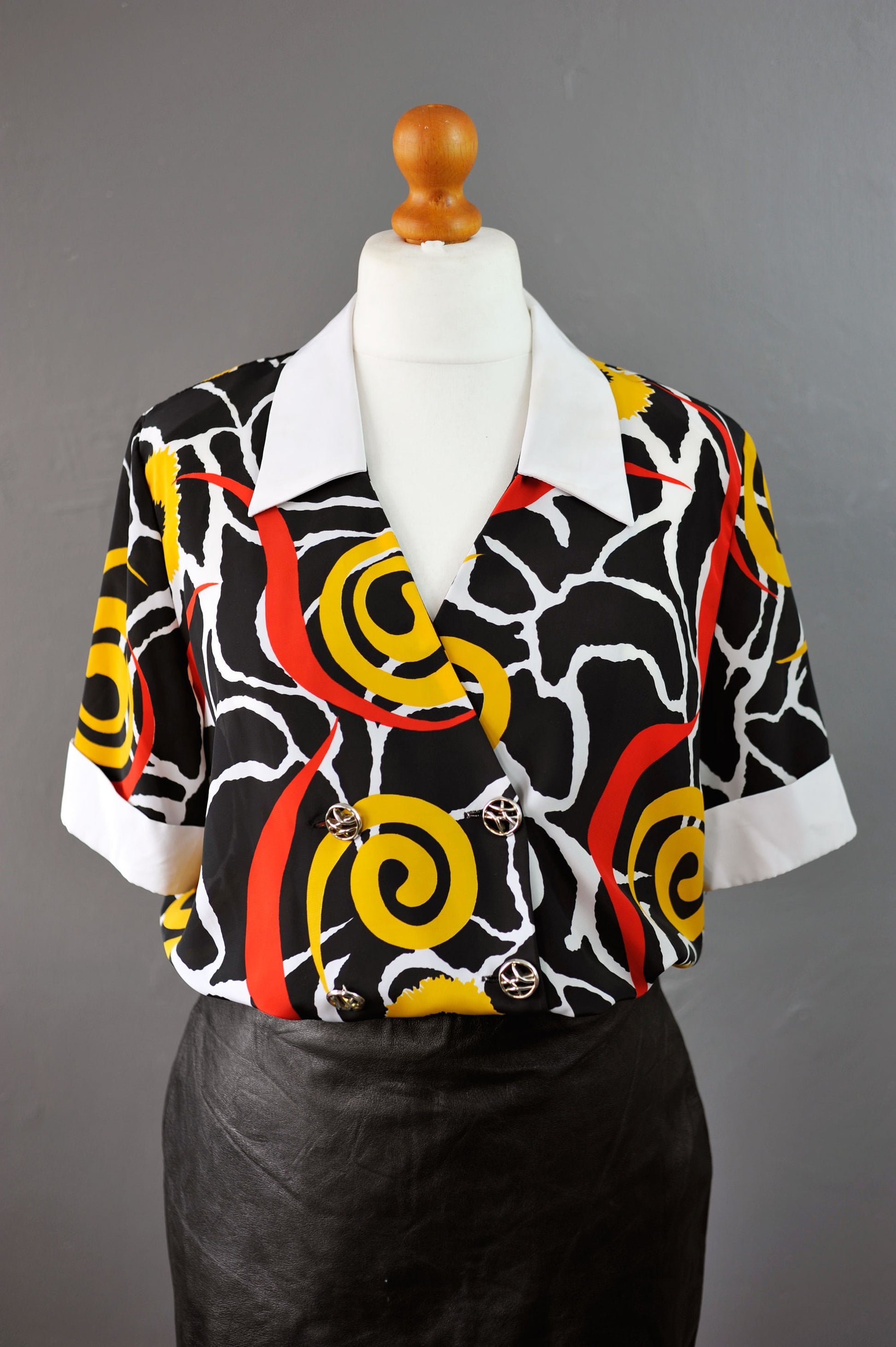 80s Loud Swirl Chiffon Blouse by Louis Daniel, Abstract Doodles Shirt, Size Medium Large