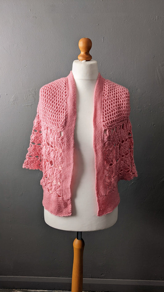 Vintage Crochet Bed Jacket, Rose Pink Shawl Style Housejacket, Size Small Medium