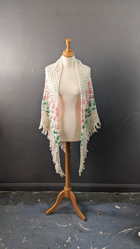 70s Cream Crochet Shawl with Green and Pink Pastel Pattern