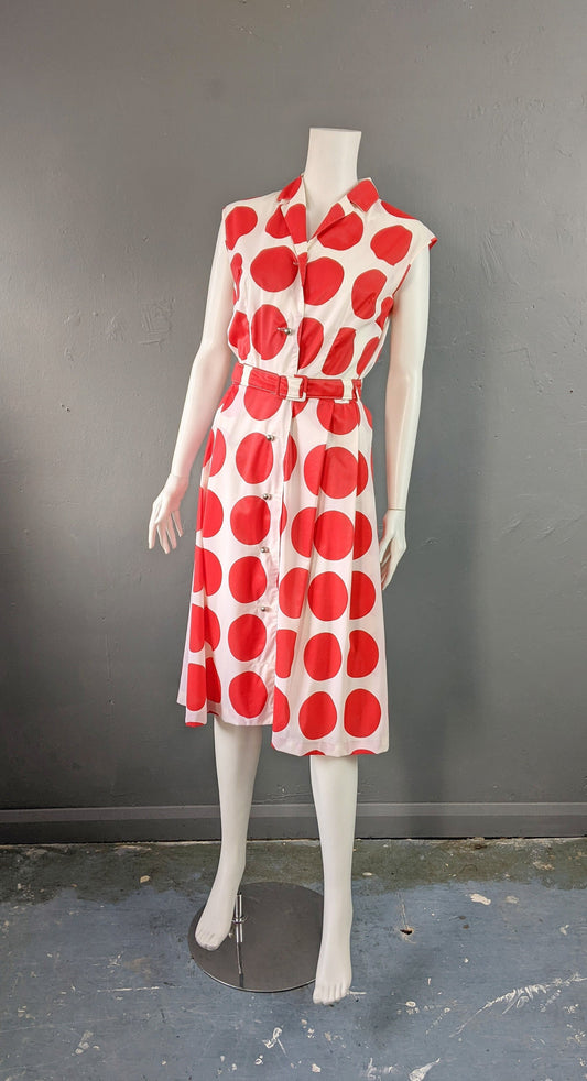 80s Large Polka Dot Sleeveless Summer Dress, Size Small