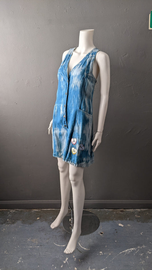 Tie Dye Denim Jumpsuit, Short Flared Overalls, Candy Festival Culotte Playsuit, Size Medium