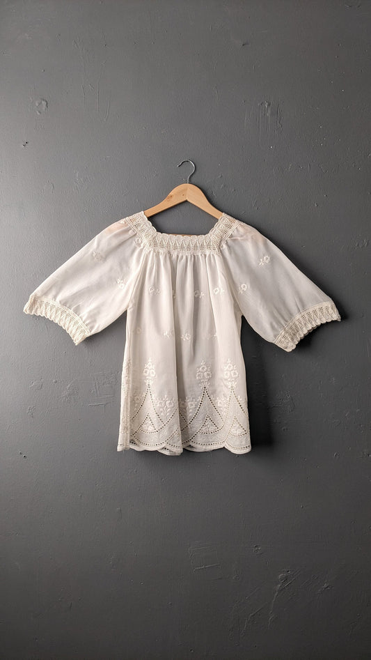 70s Broderie Anglais Blouse, Embroidered Natural Cotton Top, Size Small Medium