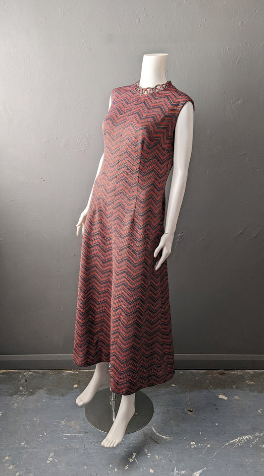 70s Sleeveless Maxi Dress with Zigzag Stripes, Summer Lurex Sparkle, Size Medium