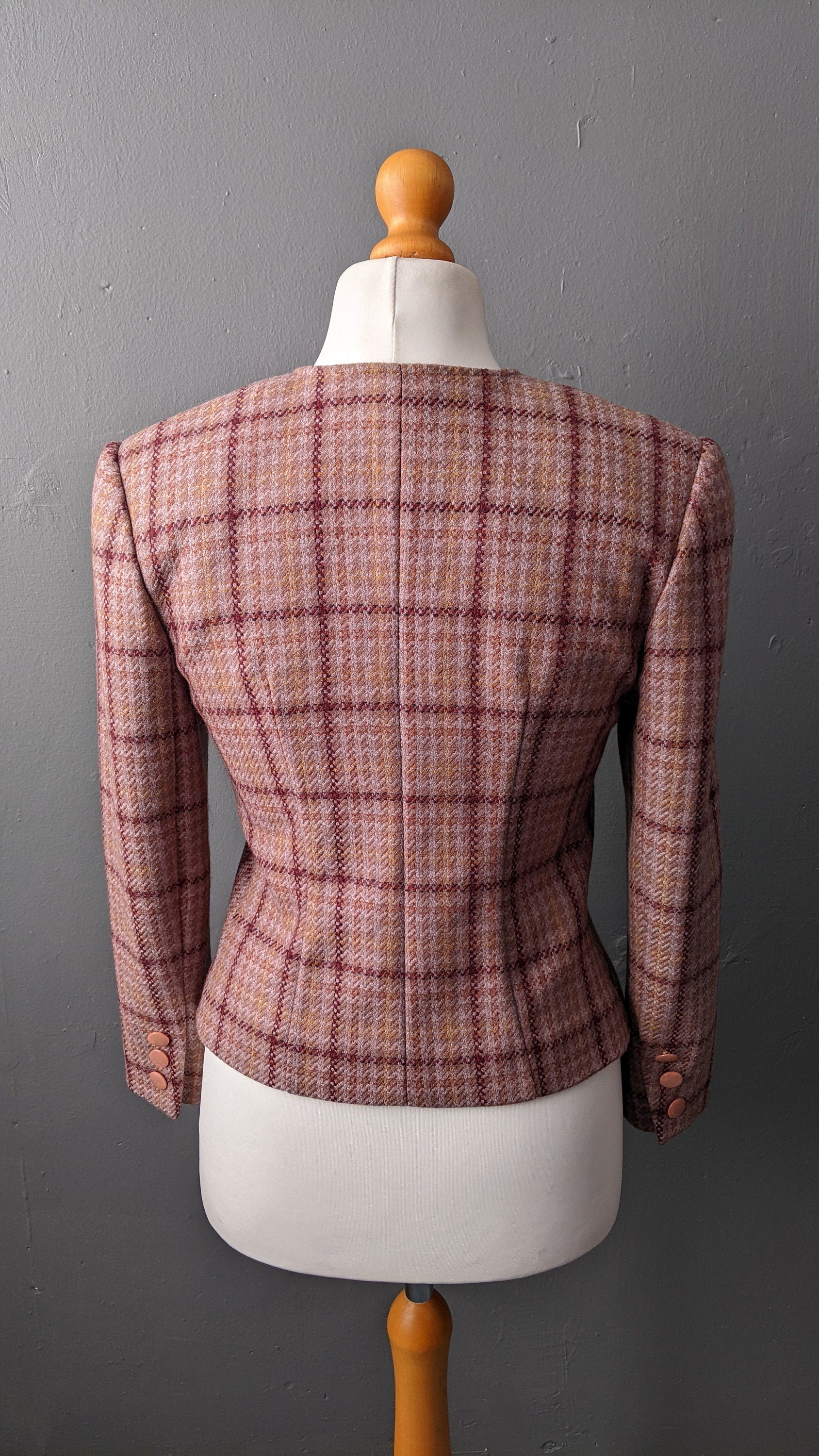 90s Check Wool Tweed Jacket, Fitted Dress Blazer, Size Small Medium