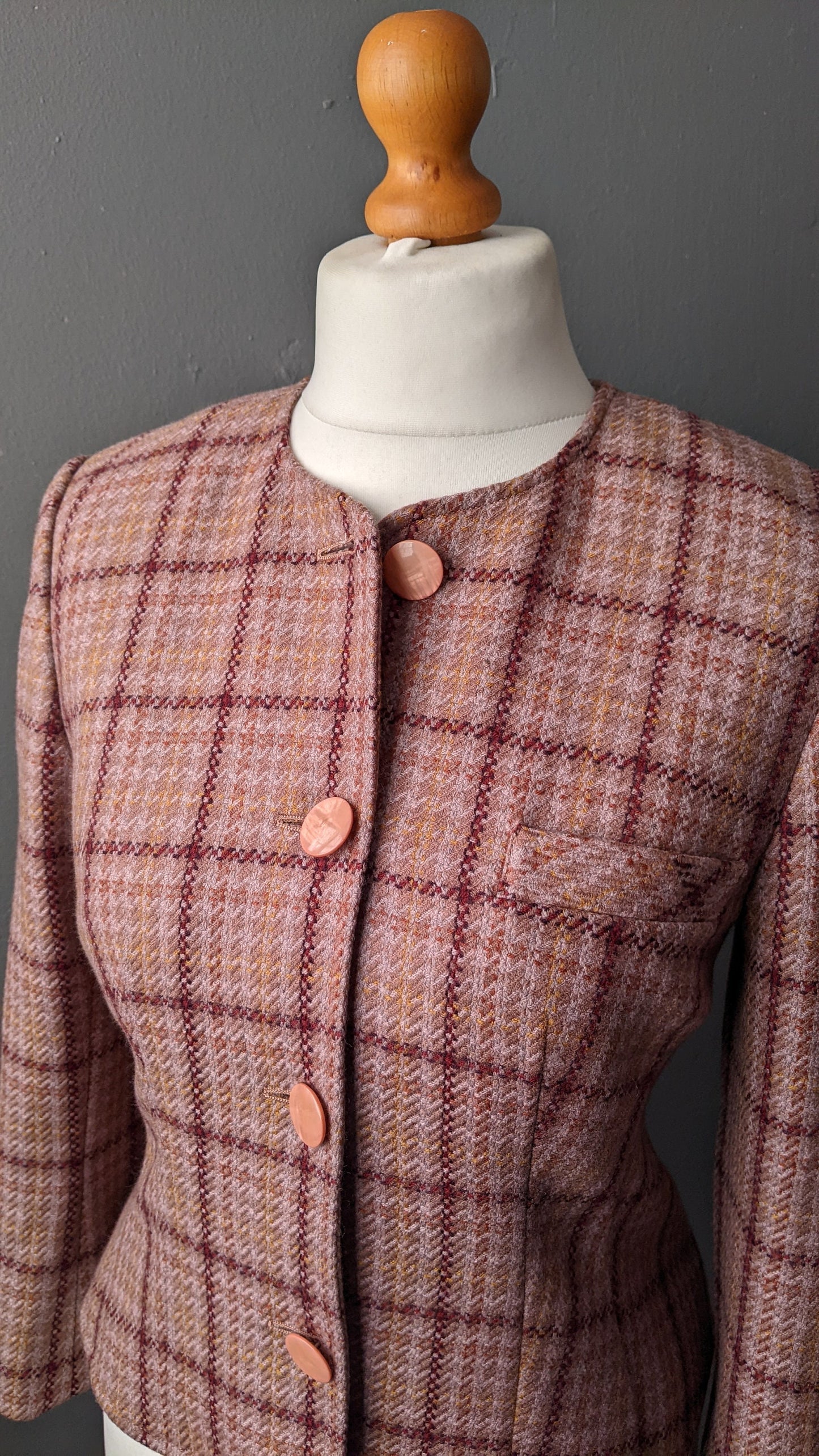 90s Check Wool Tweed Jacket, Fitted Dress Blazer, Size Small Medium