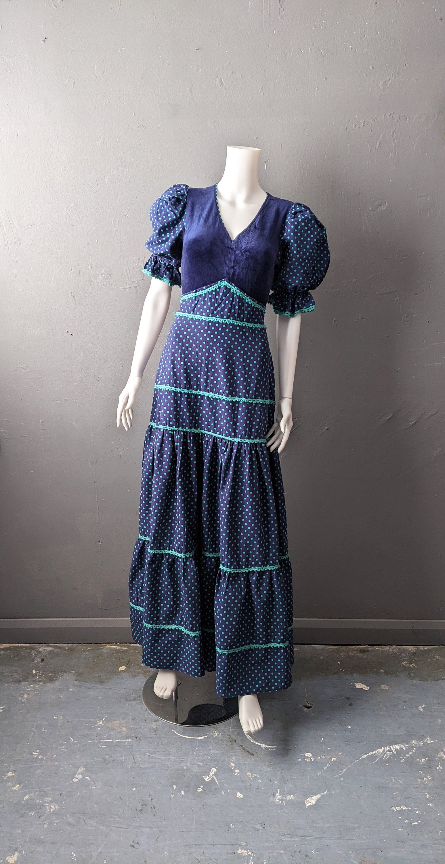 70s Polka Dot Maxi Dress by C&A, Victoriana Prairie Style with Puff Sleeves, Size Small