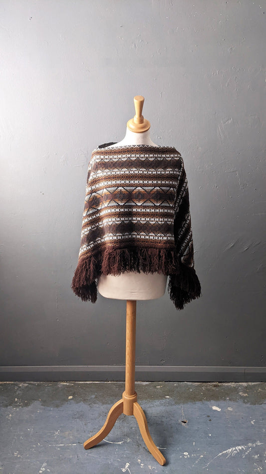 Vintage Guatemalan Poncho with Fringe, 70s Ethnic Boho, One Size